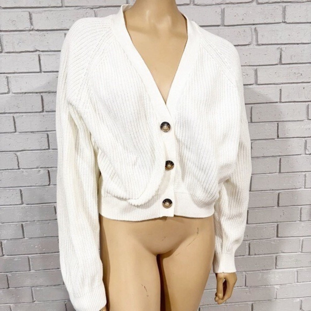 Monki White Chunky Rib Knit Cropped Cardigan V-Neck Button Front Large